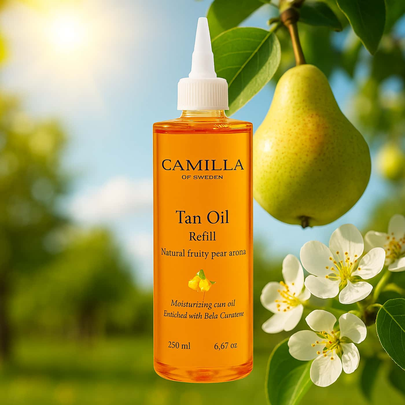 Camilla of Sweden Tan Oil Refill Fruity Pear fuktgivande sololja med betakaroten och naturlig päronarom