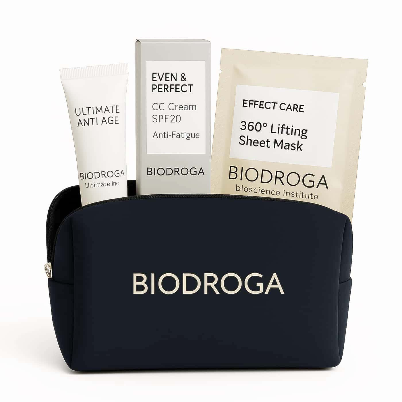 Biodroga Cosmetic Bag Kit Anti-Fatigue | Hudvård för trött och torr hud | CC Cream | Sheet Mask | Anti-age kräm