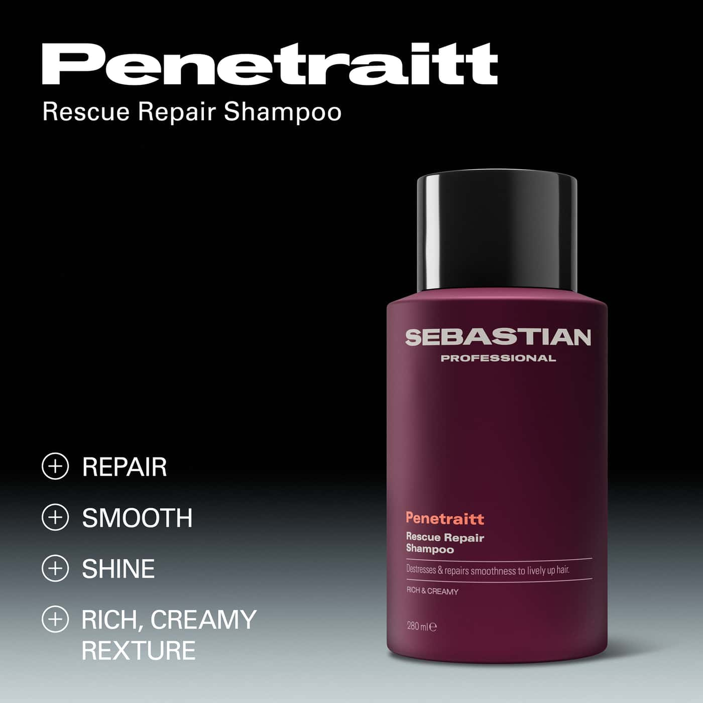 Sebastian Professional Penetraitt Rescue Repair Shampoo 280 ml, vinröd flaska med svart kork