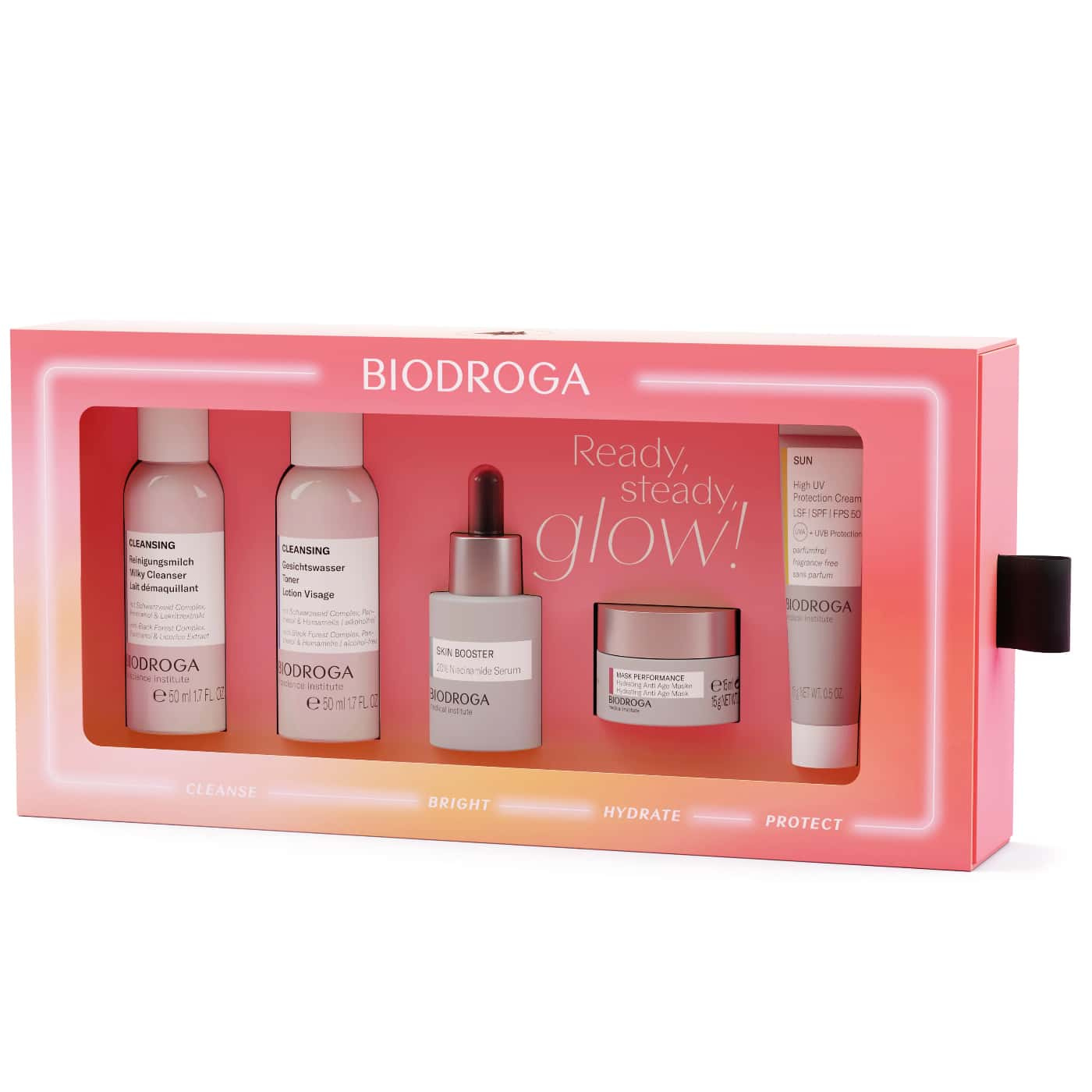 Biodroga Ready, Set, Glow! - Ansiktsvård med niacinamid, fuktmask och solskydd SPF 50