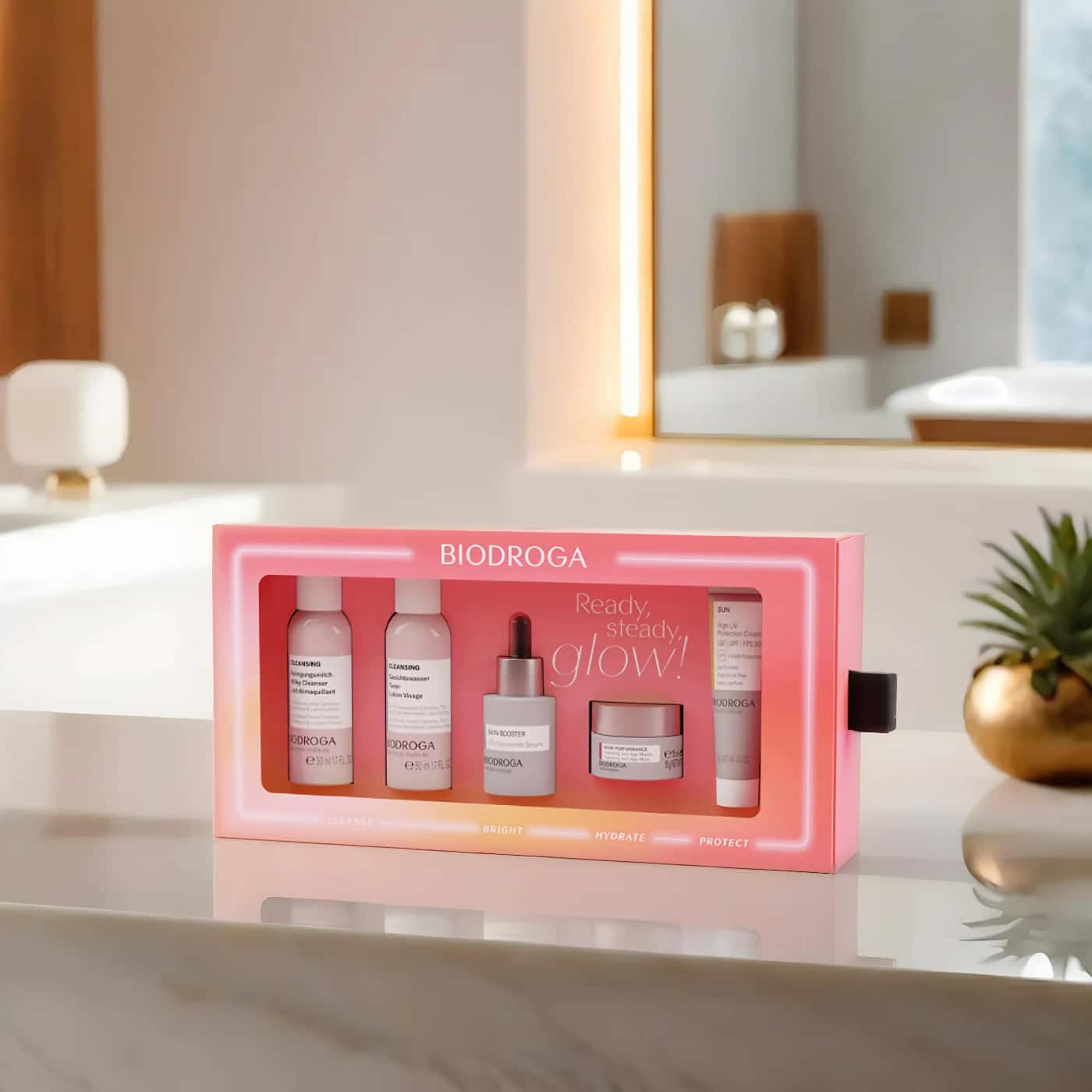 Biodroga Ready, Set, Glow! - Ansiktsvård med niacinamid, fuktmask och solskydd SPF 50