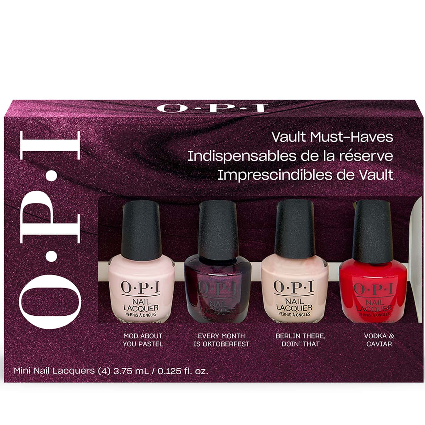 opi vault must-haves mini 4-pack med pastellrosa, vinlila, taupebeige och klassiskt rött nagellack i glansig finish
