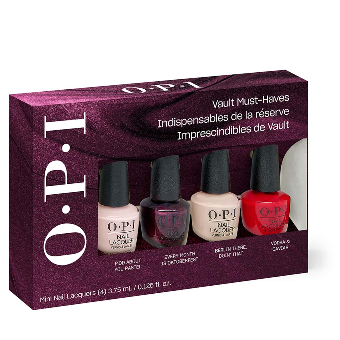 opi vault must-haves mini 4-pack med pastellrosa, vinlila, taupebeige och klassiskt rött nagellack i glansig finish