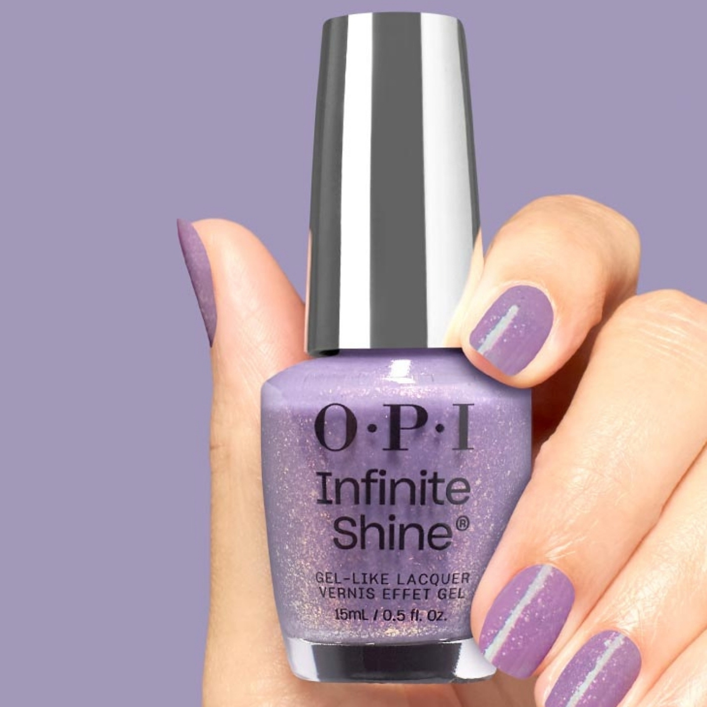 OPI Infinite Shine Im Dreaming Where Time Stuns Still - Lavendellila med roséguldskimmer och drömlik glans.