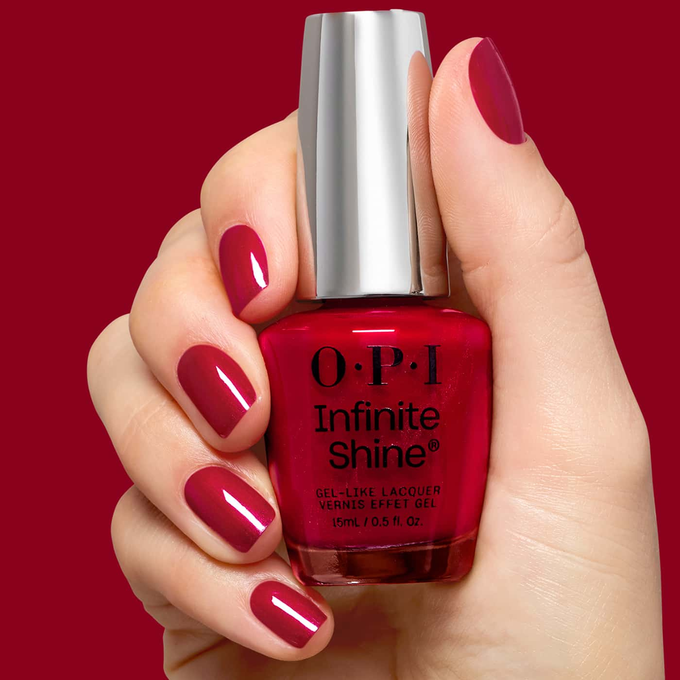 tranbärsrött opi infinite shine deer valley spice nagellack med rosa shimmer