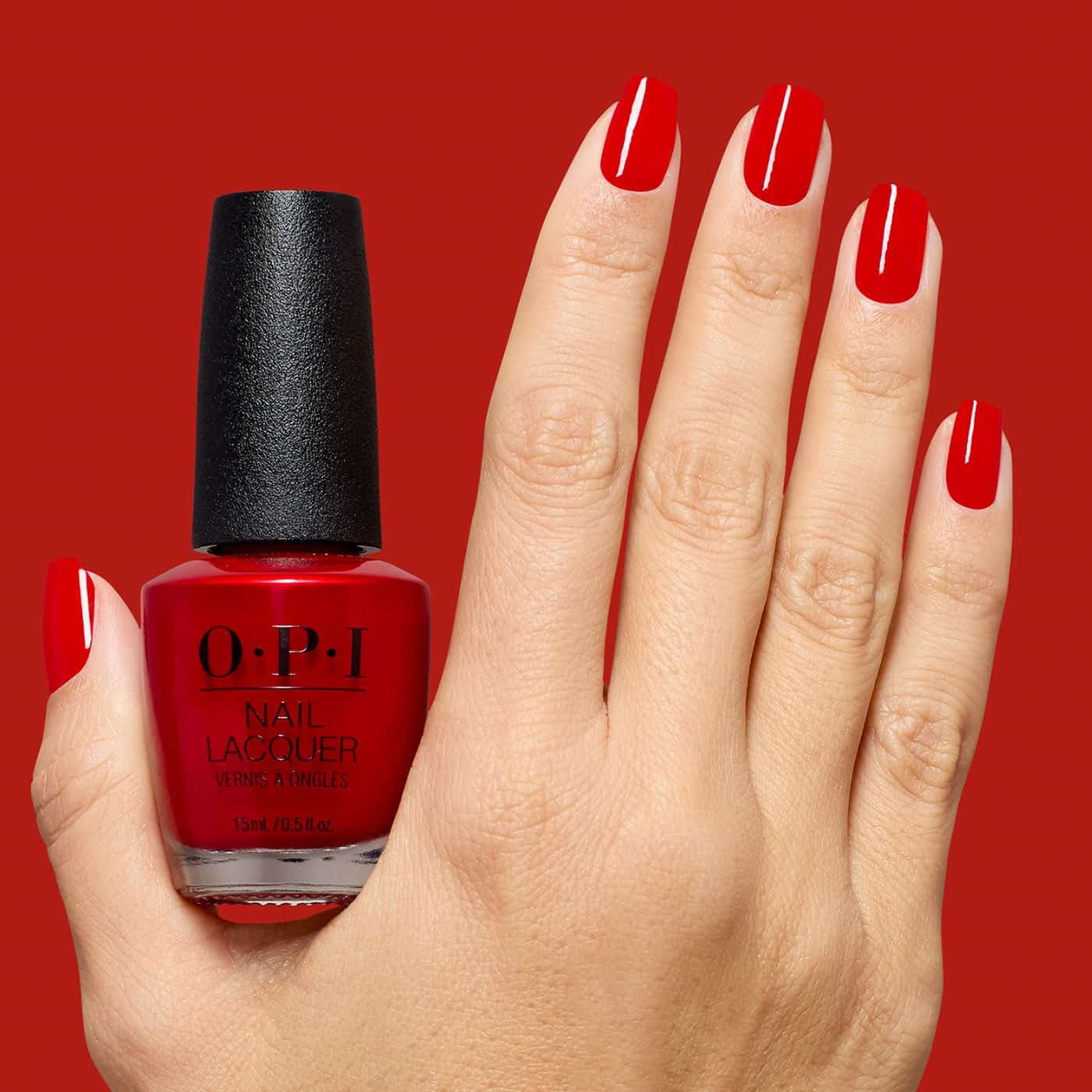 opi most requested vodka & caviar nagellack i klar signalröd nyans med krämig färg och högglansig finish på nageln