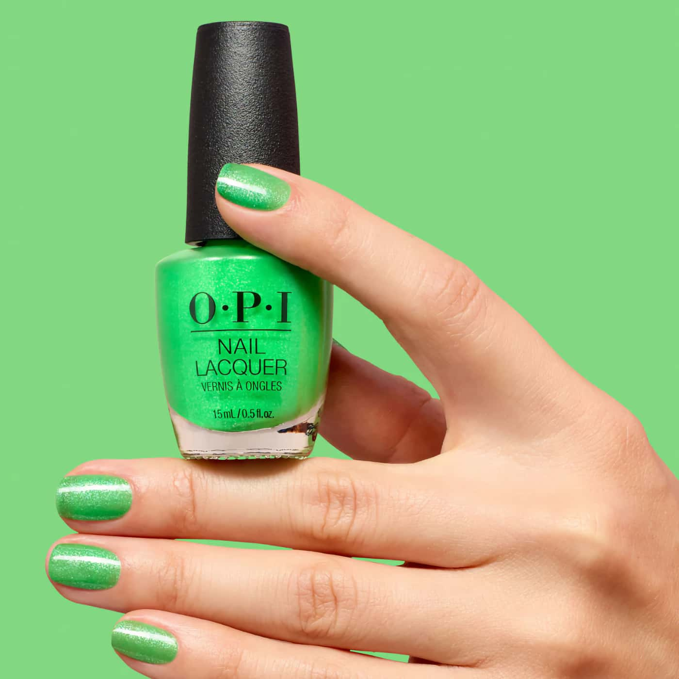 opi trip to the brite side lime of my life limegrönt nagellack med silverskimrande finish och neonklar lyster