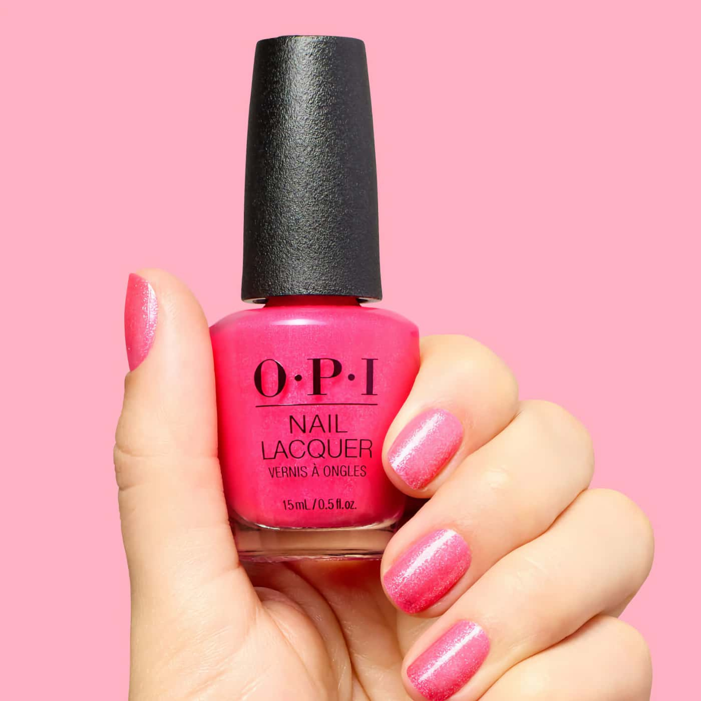 opi trip to the brite side dopa-mani neonrosa nagellack med silver shimmer och gloweffekt