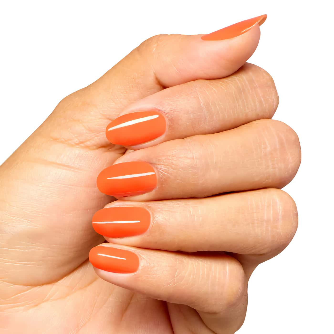 Neonorange nagellack med varm citrusunderton och krämig finish för en intensiv och färgstark sommarlook.